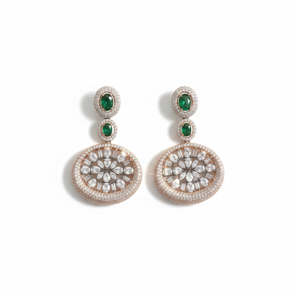 Green Stone & American Diamond Round Statement Earrings