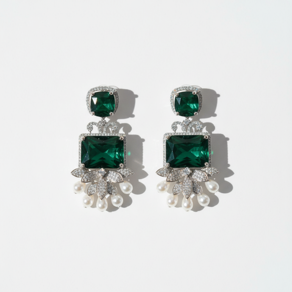 Green Glass Stone American Diamond Earrings with Pearl Drops