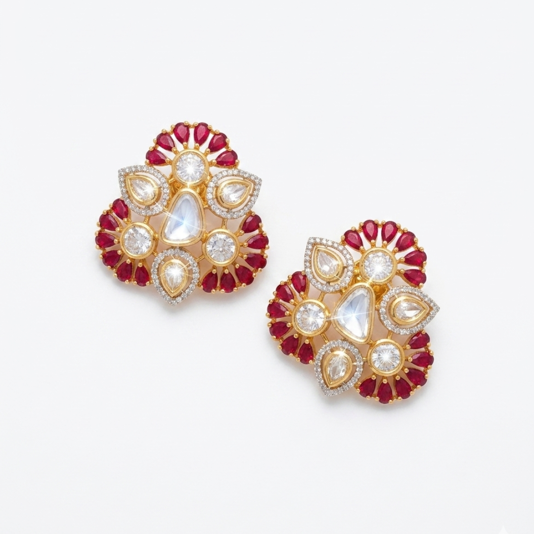 Luxury Floral Kundan Stud Earrings with Ruby & Crystal Stones
