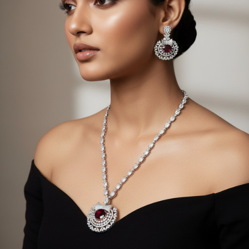 Rajshree Rhodium-Plated Zircon Necklace Set