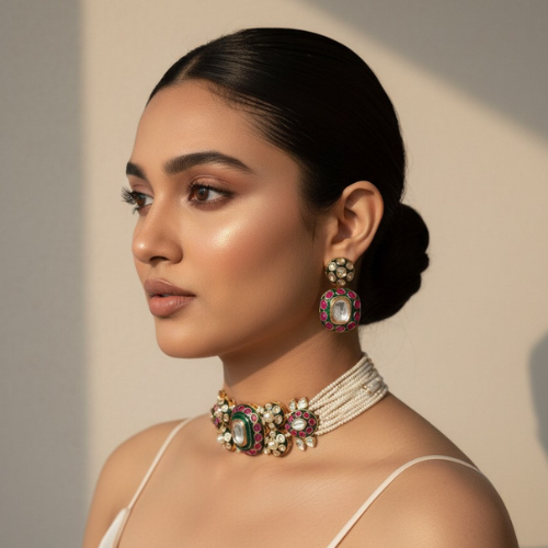 Royal Moissanite & Polki Kundan Pearl Choker Necklace Set with Earrings