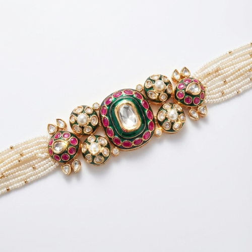 Royal Moissanite & Polki Kundan Pearl Choker Necklace Set with Earrings