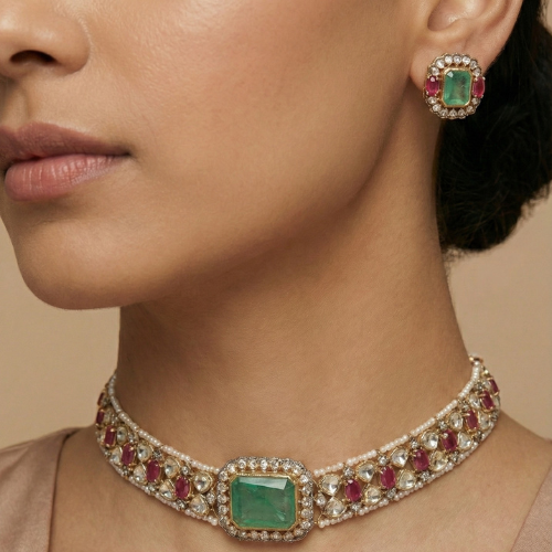 Premium Moissanite & Kundan Stone Choker Necklace Set