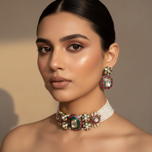 Moissanite and polki kundan pearl necklace set with matching stud earrings o
