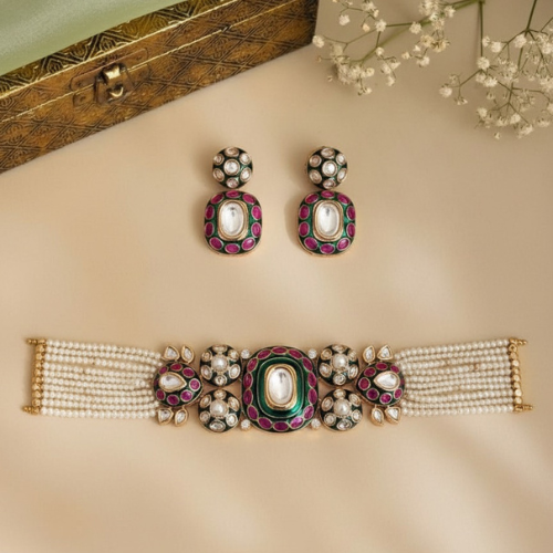 Royal Moissanite & Polki Kundan Pearl Choker Necklace Set with Earrings